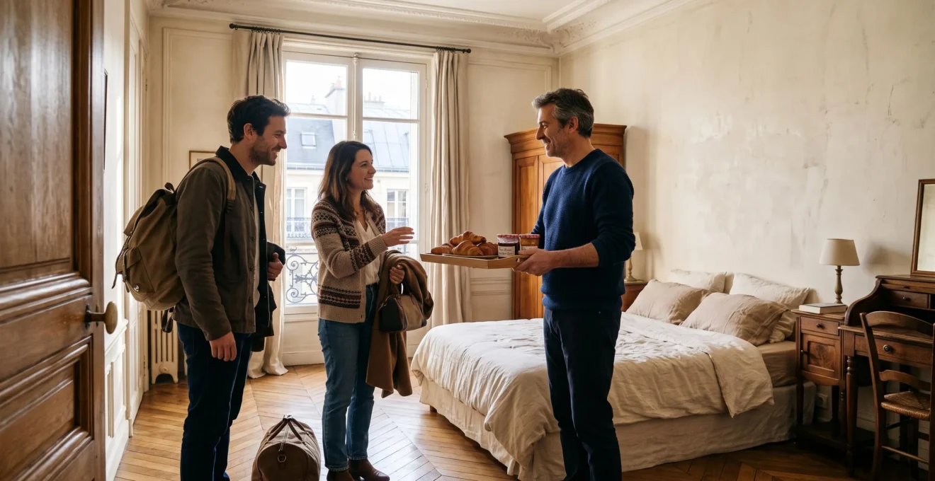 Un couple arrive dans une chambre d'hôtes parisienne haussmannienne tandis que l'hôte leur présente un plateau de petit-déjeuner avec viennoiseries et confitures maison.