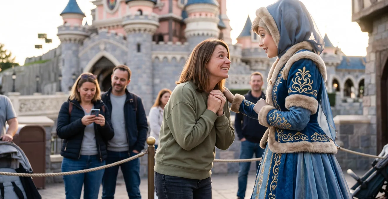 Une adulte émue échange une poignée de main chaleureuse avec un personnage déguisé devant le château d'un parc d'attractions en France.