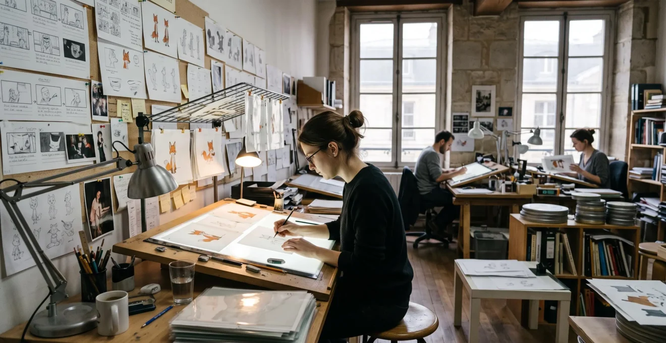 Un animateur dessine un personnage sur une table lumineuse dans un studio d'animation, entouré de cels, de storyboard et de planches de référence.