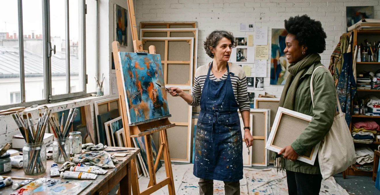 Un peintre dans son atelier parisien de Belleville présente une toile en cours à un visiteur pendant une journée portes ouvertes, parmi les pinceaux et les toiles entassées.