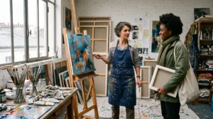 Un peintre dans son atelier parisien de Belleville présente une toile en cours à un visiteur pendant une journée portes ouvertes, parmi les pinceaux et les toiles entassées.