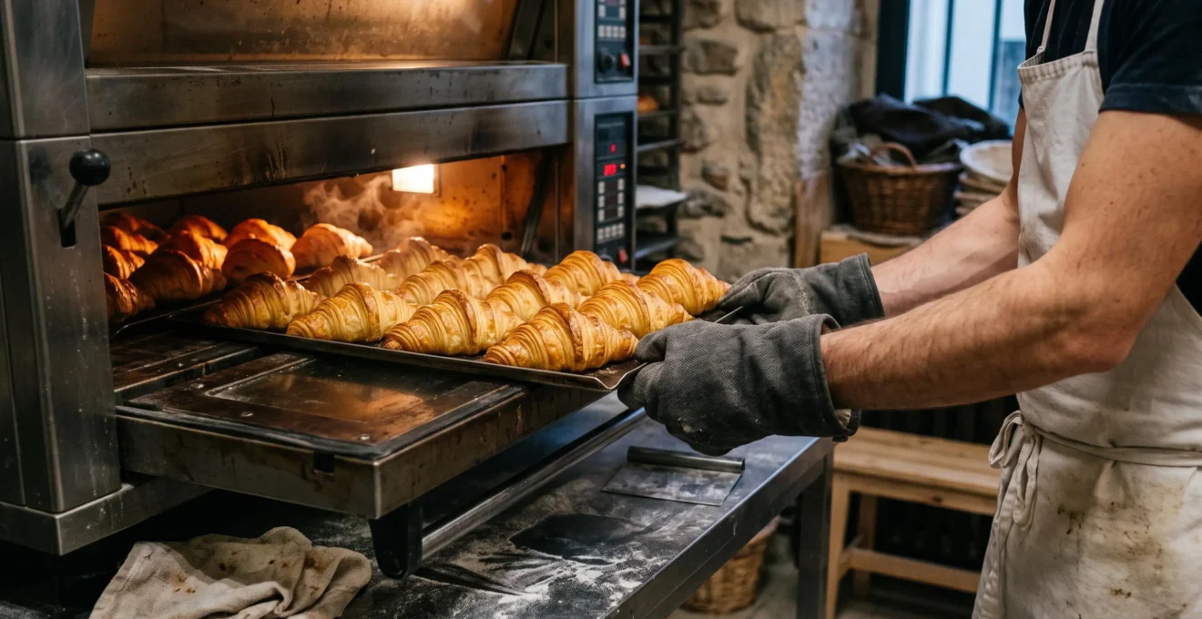 Un boulanger sort une plaque de croissants dorés et feuilletés du four d'une boulangerie artisanale parisienne le matin.