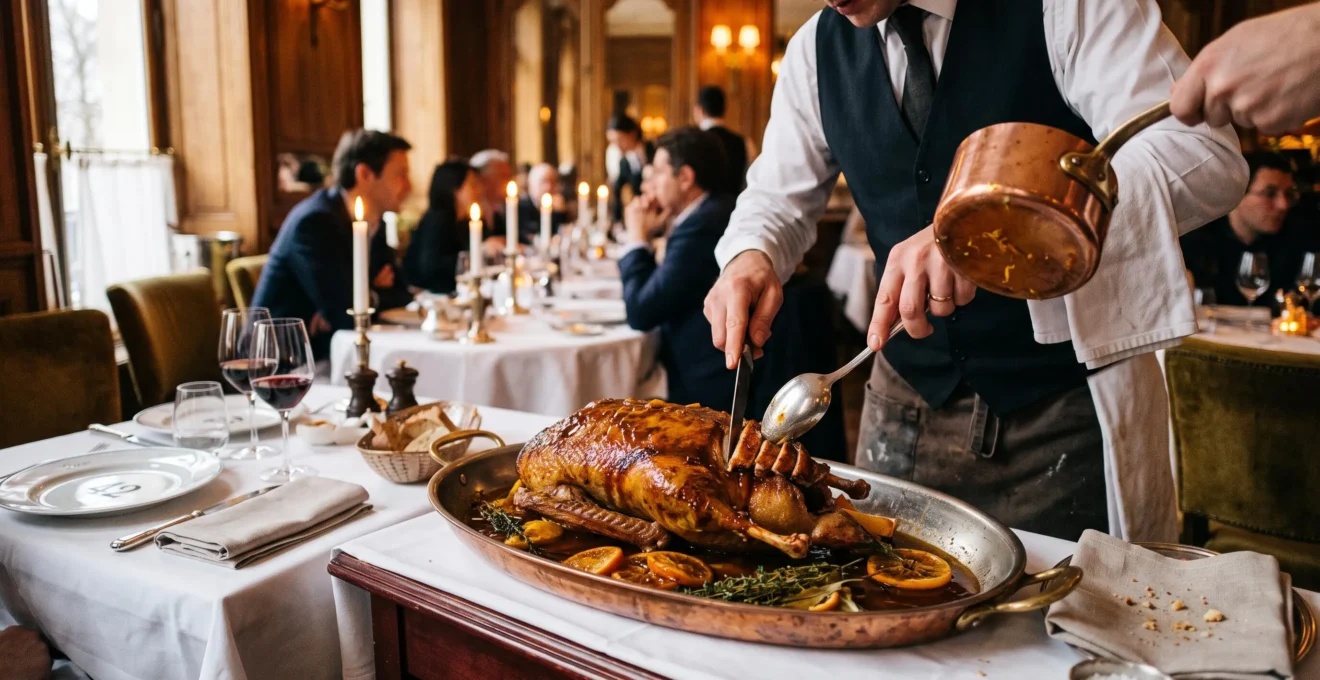 Un serveur découpe un canard à l'orange nappé de sauce sur un plat de cuivre dans une salle de restaurant française.
