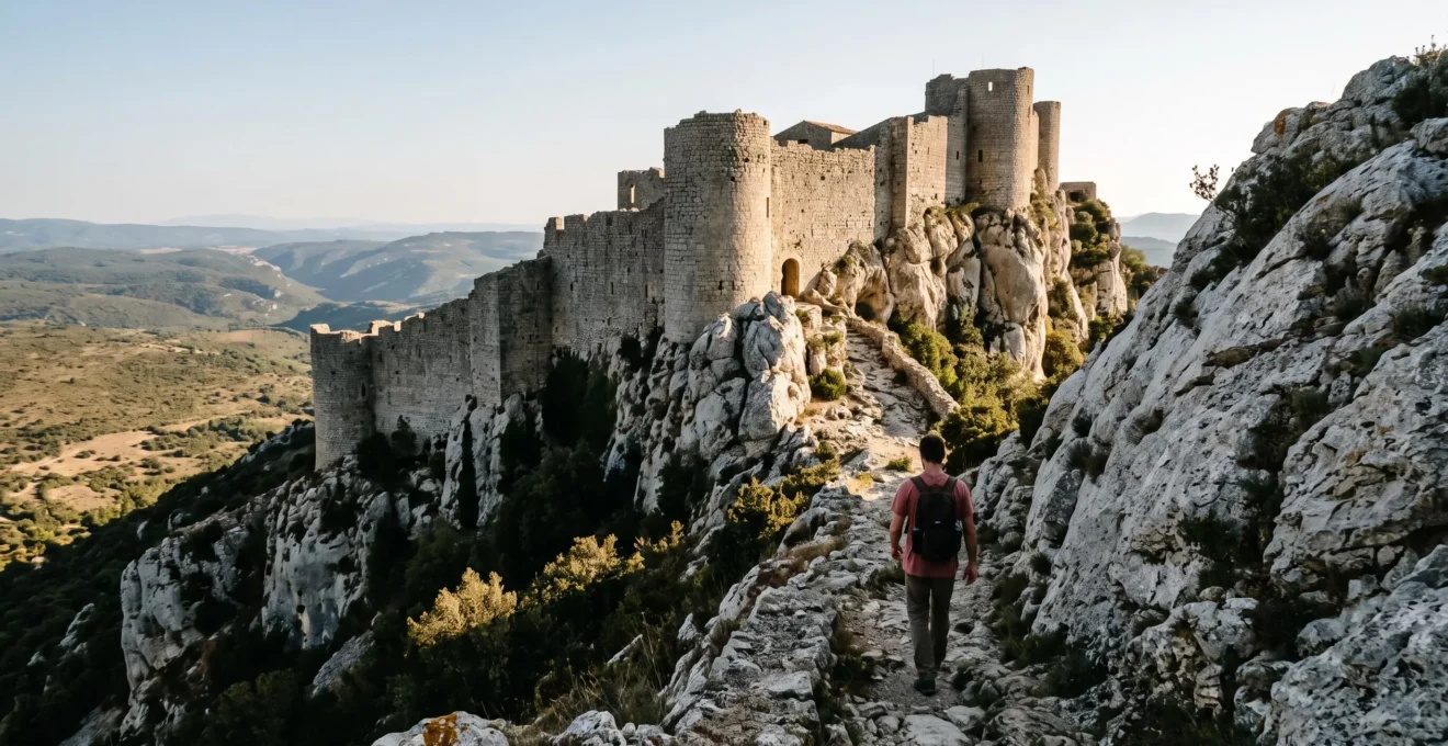 Le château de Peyrepertuse dressé sur sa crête calcaire dans les Corbières, avec un randonneur gravissant le sentier d'accès en fin de journée.