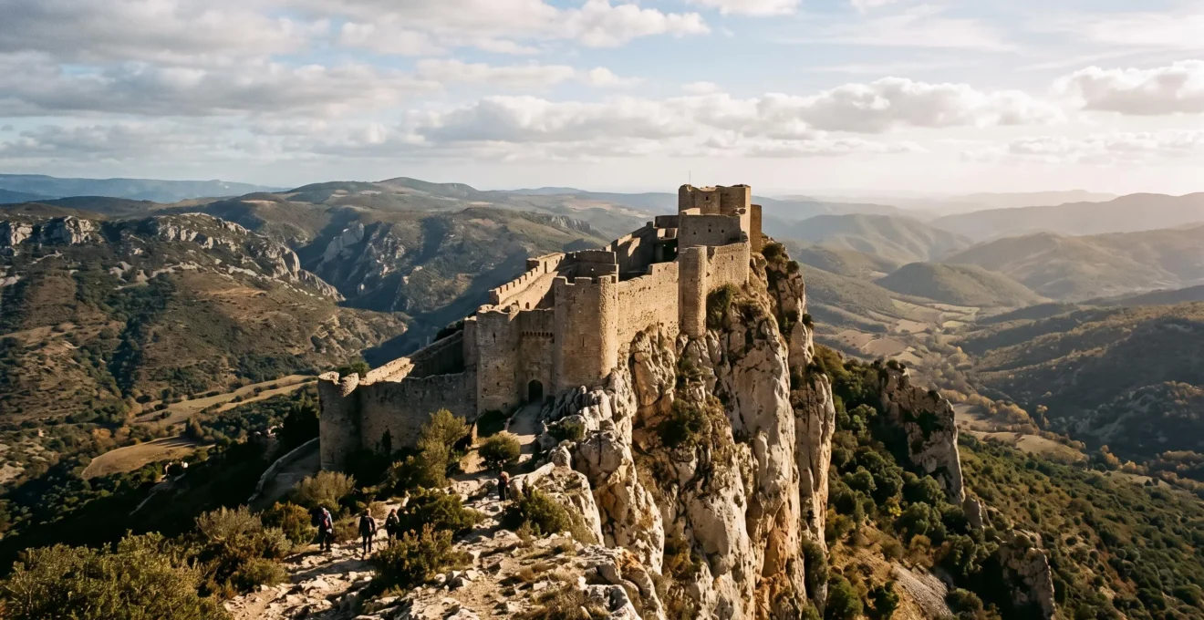 Vue large du château de Peyrepertuse dressé le long d'une crête calcaire escarpée, avec ses murailles épousant le rocher au-dessus du vide.