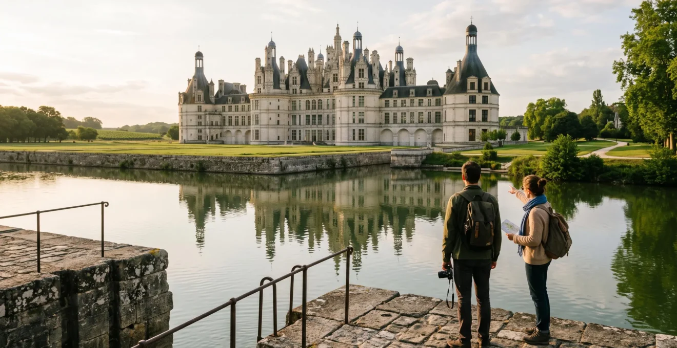 Un château Renaissance aux façades de tufa et tours d'ardoise se reflète dans la Loire, avec deux voyageurs observant l'édifice depuis un quai en pierre au soleil couchant.
