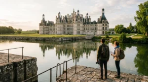 Un château Renaissance aux façades de tufa et tours d'ardoise se reflète dans la Loire, avec deux voyageurs observant l'édifice depuis un quai en pierre au soleil couchant.