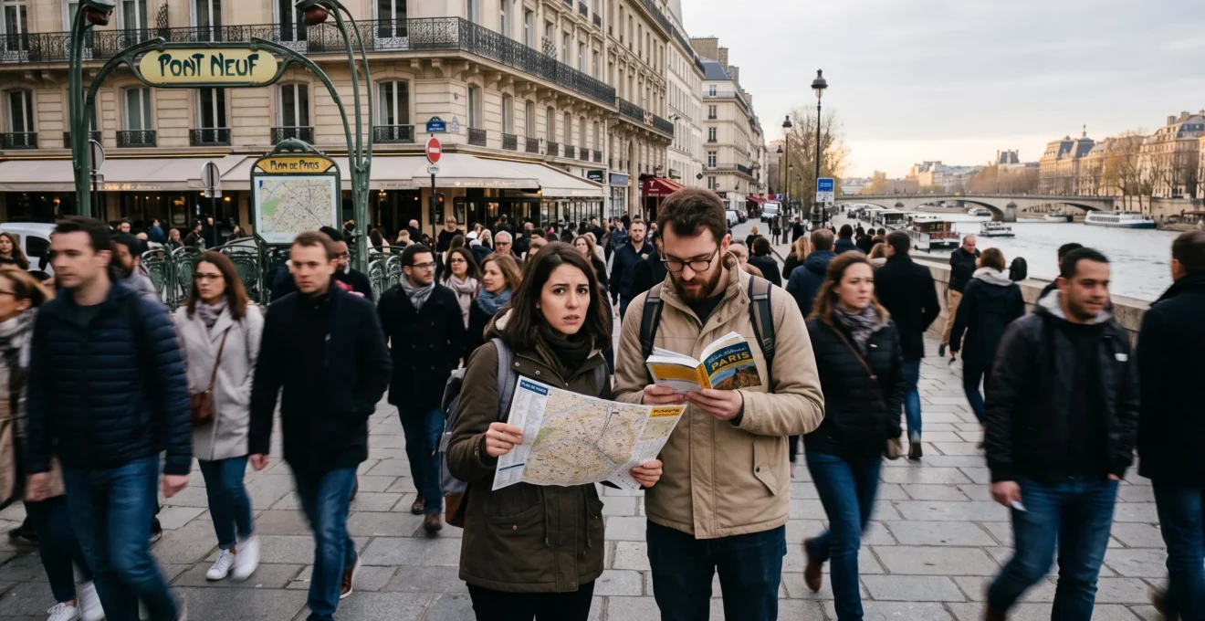Un couple de touristes consulte un plan de la ville sur un trottoir parisien animé, entouré d'une foule de passants en fin de journée.