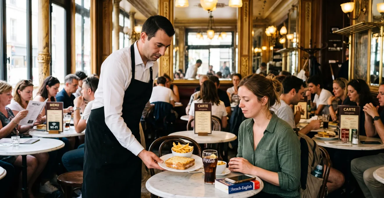 Un serveur dépose un croque-monsieur industriel sur la table d'un touriste dans une brasserie parisienne bondée