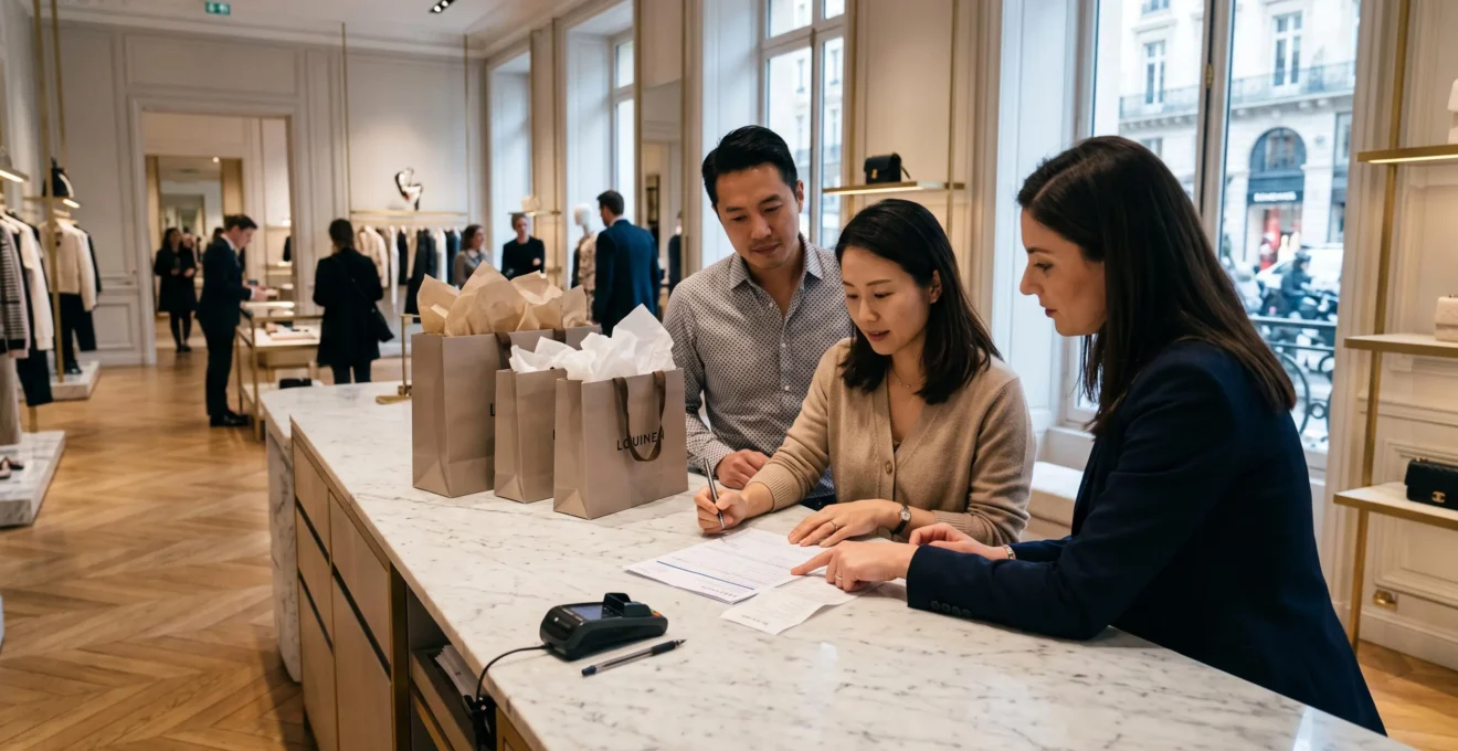 Un vendeur aide un couple de touristes à remplir un formulaire de remboursement de taxe sur le comptoir d'une boutique de luxe parisienne.