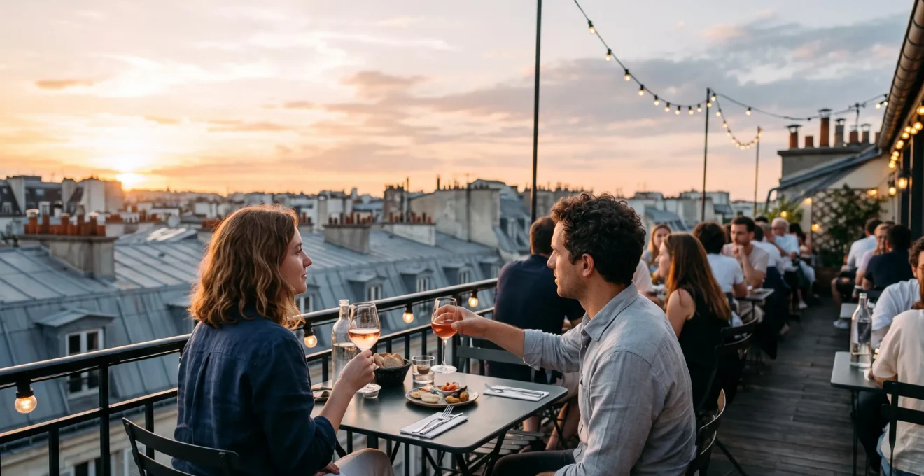 Un couple dîne sur une terrasse de rooftop parisienne au coucher du soleil, un verre de rosé et une assiette partagée sur la table, avec les toits de Paris en arrière-plan.