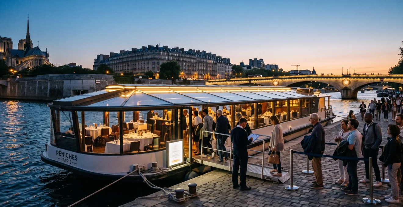Un bateau-restaureaux vitres panoramiques amarré sur la Seine au crépuscule, des passagers montant à bord par une passerelle depuis un ponton parisien.