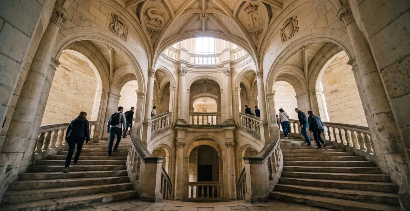 Vue en contre-plongée de l'escalier à double révolution du château de Chambord, avec ses deux rampes en pierre hélicoïdales s'enroulant autour d'un noyau central et des visiteurs montant chaque rampe.