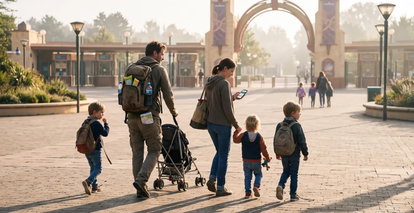 Une famille de quatre personnes avec une poussette et un sac à dos traverse l'esplanade d'entrée d'un grand parc d'attractions en France tôt le matin.