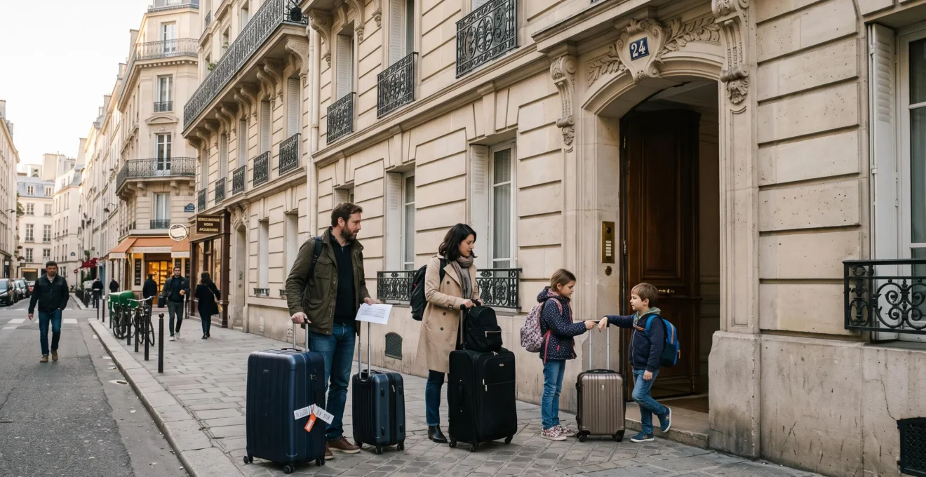 Une famille de quatre personnes avec des valises devant l'entrée d'un immeuble parisien, un parent tenant une confirmation de réservation.