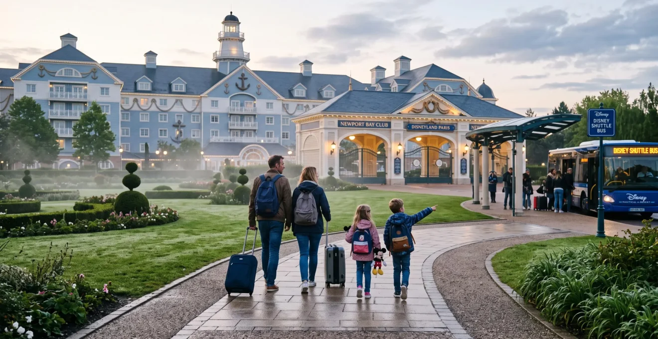 Une famille de quatre personnes avec des valises se dirige vers l'entrée d'un grand hôtel à thème le matin près d'un parc d'attractions.