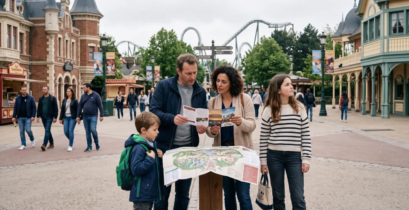 Une famille de quatre personnes compare un plan et des brochures devant l'entrée d'un parc à thème francilien, un manège à sensation visible au loin.
