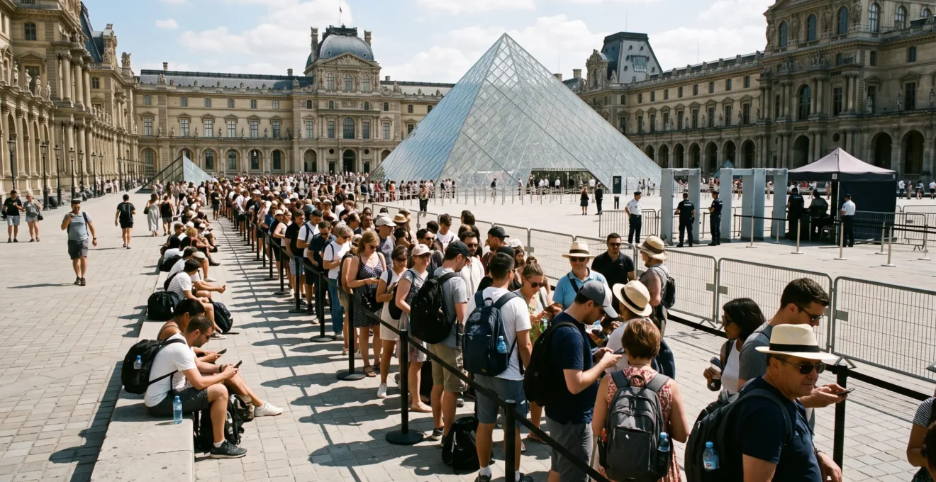 Une longue file d'attente de visiteurs serpente sur le parvis d'un grand musée parisien par une matinée ensoleillée de haute saison.