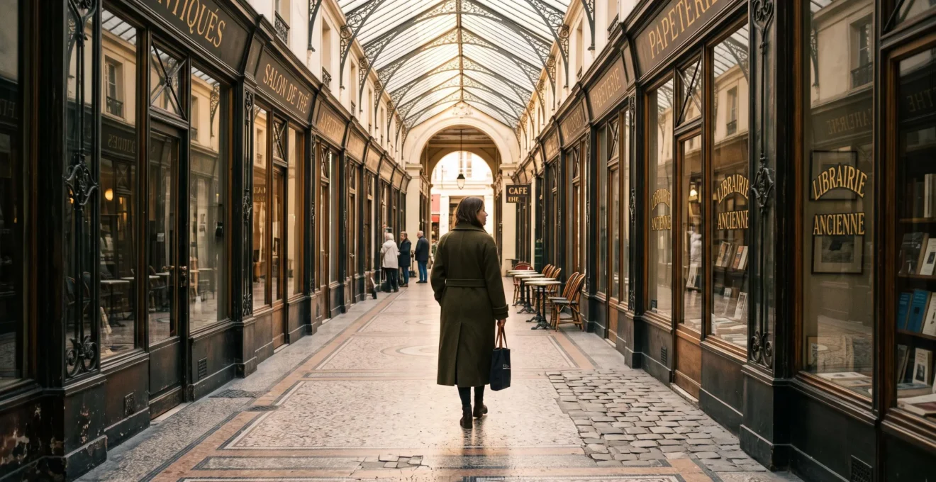 Une femme en manteau flâne dans un passage couvert parisien baigné de lumière matinale, devant des vitrines anciennes au sol de pierre usé.