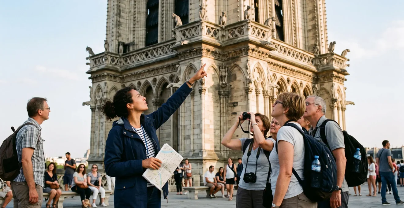 Un guide lève le bras vers des sculptures de pierre en haut d'une cathédrale gothique parisienne tandis qu'un petit groupe de visiteurs lève les yeux.