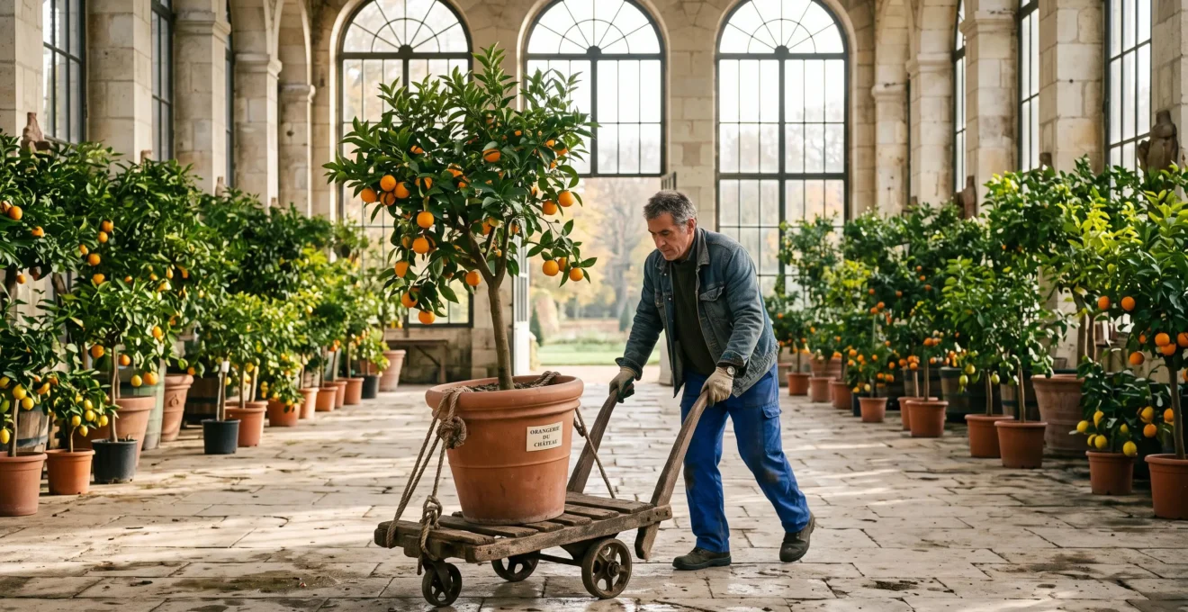 Un jardinier déplace un oranger en pot dans une grande orangerie de pierre baignée de lumière naturelle.