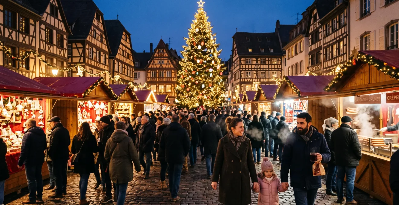 Famille traversant un marché de Noël alsacien animé à la tombée de la nuit, entre chalets en bois illuminés et maisons à colombages.