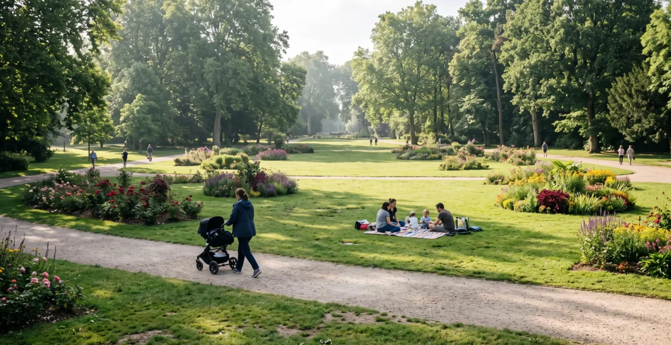Vue large du parc floral de Paris avec ses pelouses, massifs fleuris et quelques visiteurs installés sur l'herbe au milieu d'un espace verdoyant étendu