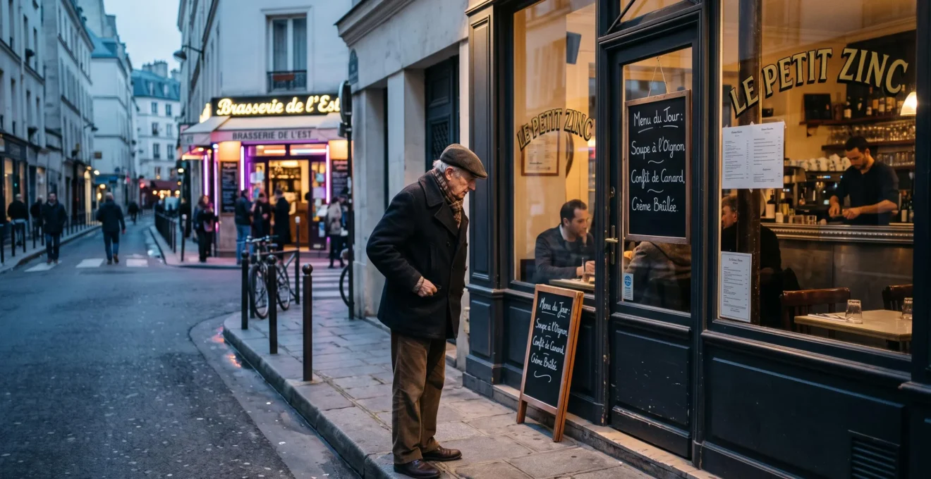 Un passant s'arrête sur le trottoir pour lire la carte d'un bistrot de quartier à Paris en fin de journée