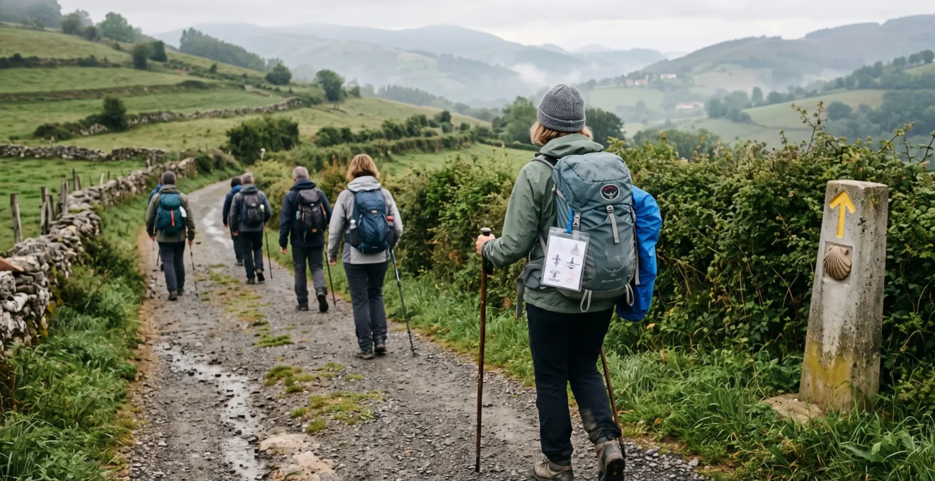 Un groupe de pèlerins marche en file sur un chemin de Compostelle traversant la campagne française, avec des bâtons de randonnée et des sacs à dos léger.