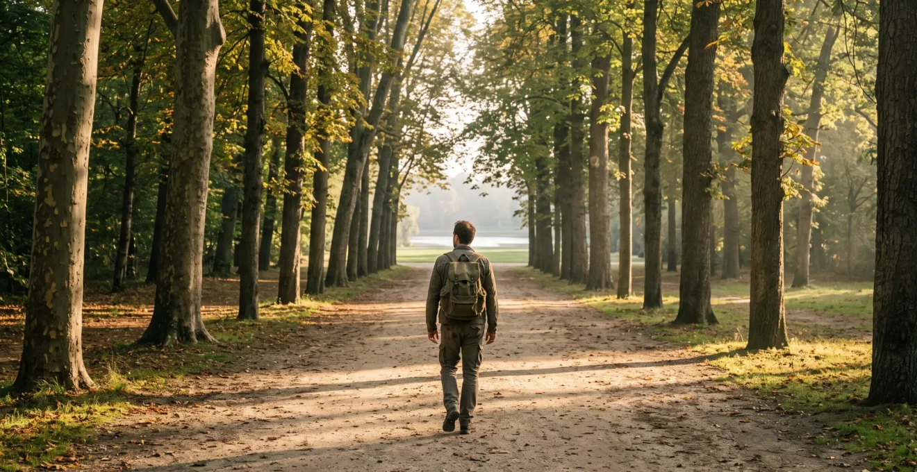 Un randonneur marche seul sur un large chemin forestier du bois de Vincennes au petit matin, avec des arbres hauts et un lac au loin.