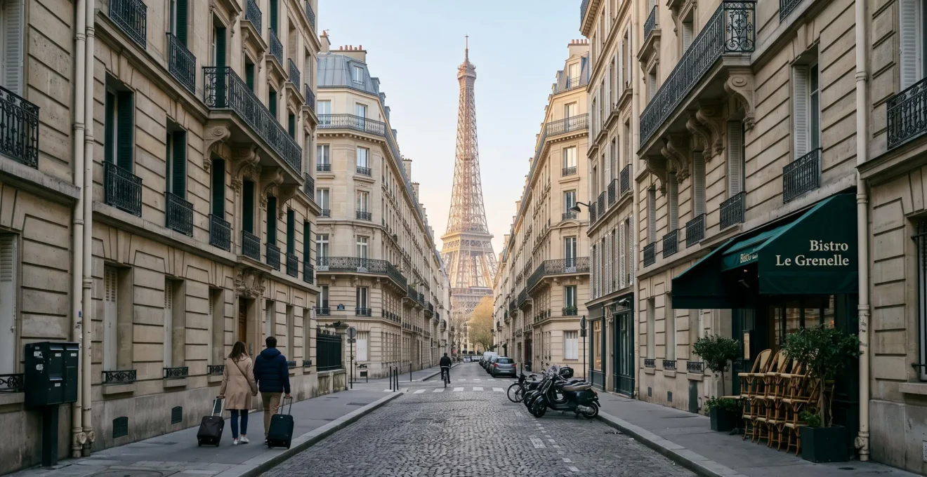 Rue calme du 7e arrondissement de Paris avec des immeubles haussmanniens, deux voyageurs marchant et la tour Eiffel visible au loin le matin.