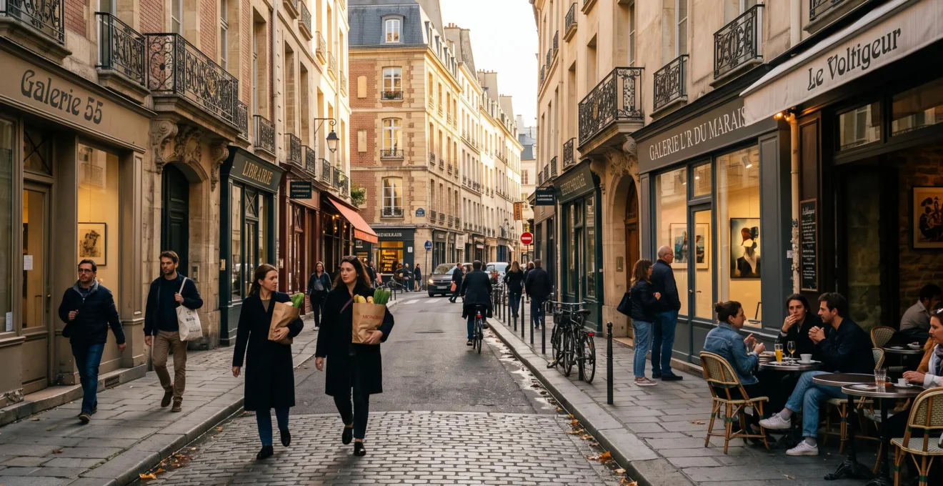 Une rue animée du quartier du Marais à Paris avec des façades anciennes, des boutiques indépendantes et des passants marchant en fin de journée.