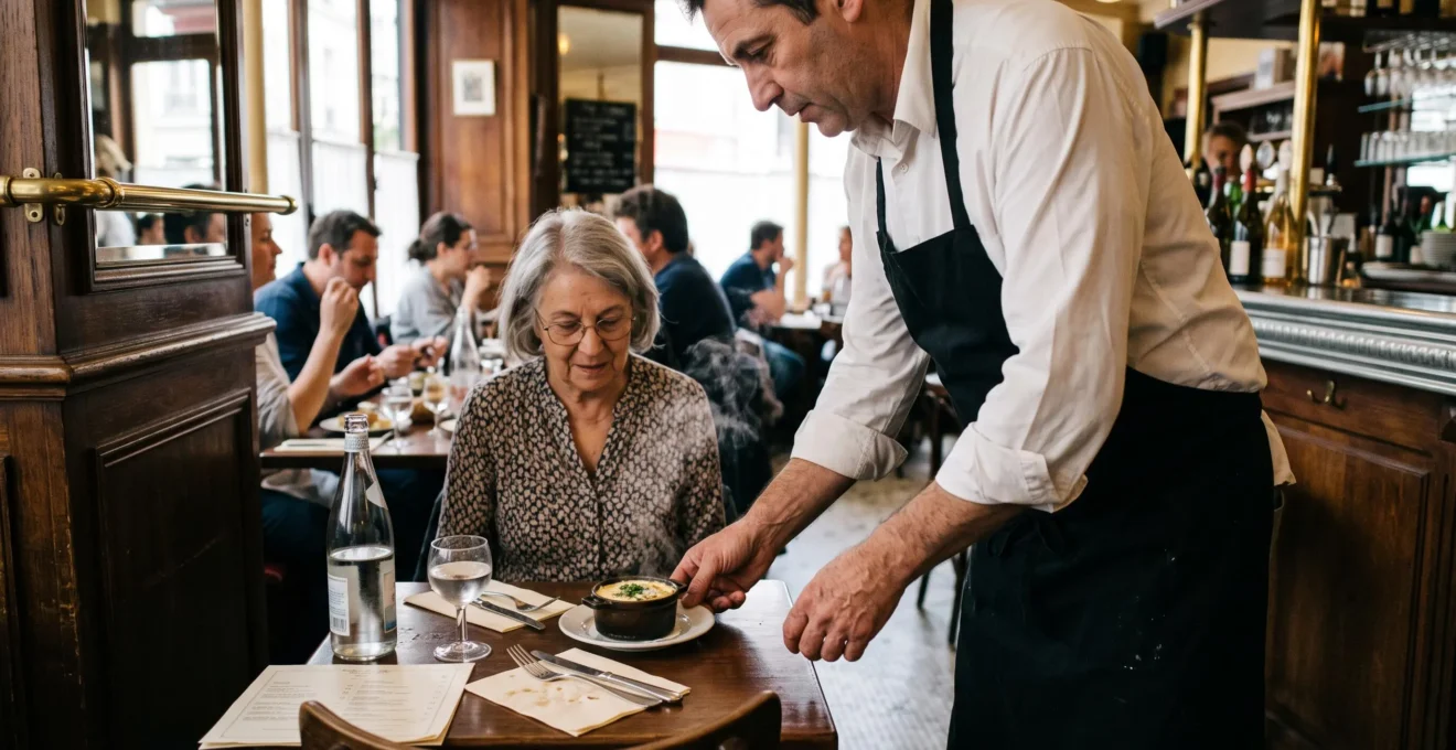 Un serveur pose un œuf cocotte fumant dans un ramequin sur la table d'un client dans un bistrot parisien à l'heure du déjeuner.