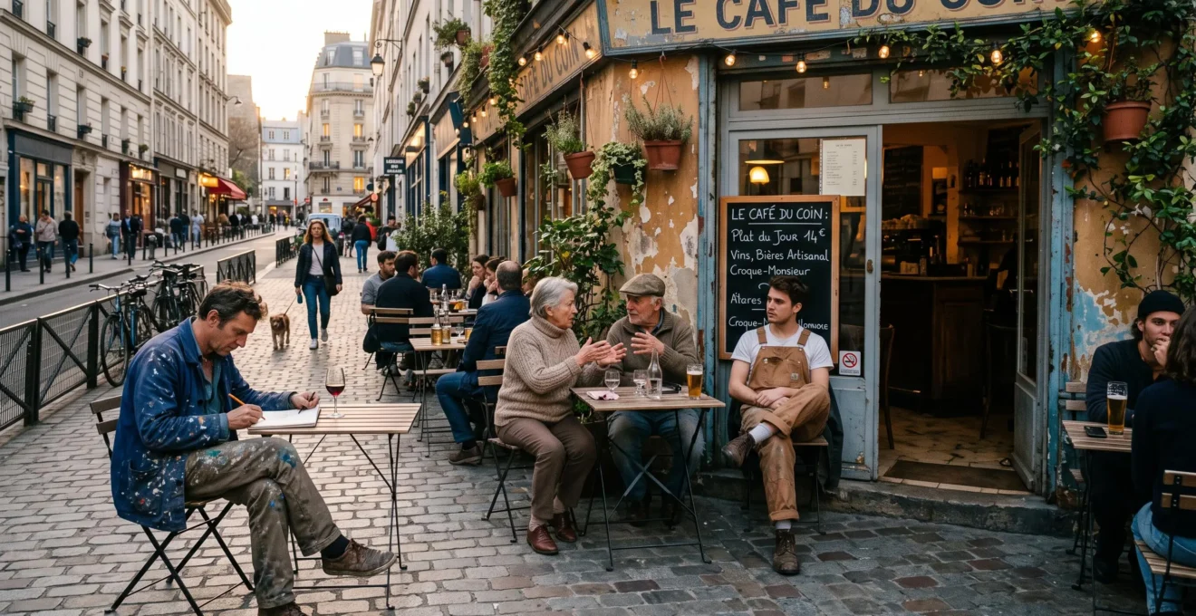 Terrasse d'un café de quartier à Belleville un soir, où des habitants et des artistes discutent à des tables de bistrot devant une façade patinée.