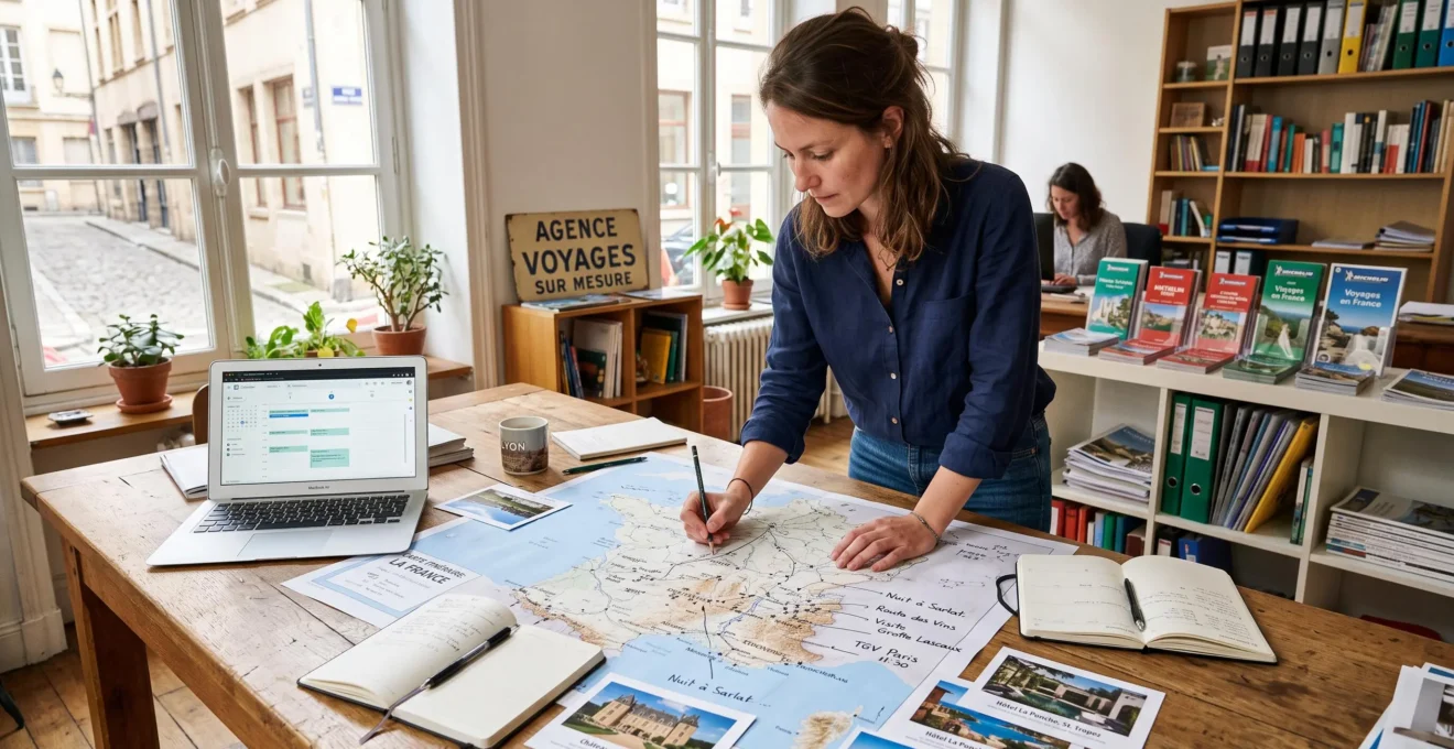 Un travel designer trace au crayon un itinéraire personnalisé sur une carte de France posée sur une table de travail