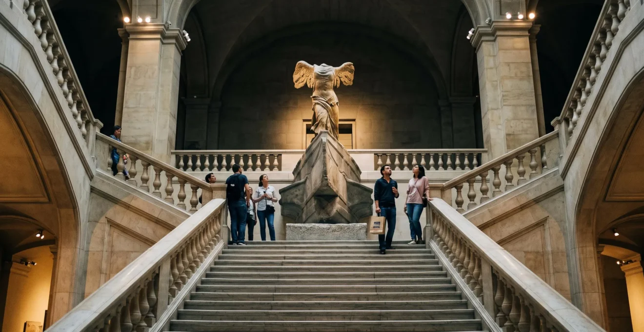 La Victoire de Samothrace trône au sommet du grand escalier du musée tandis que des visiteurs levant les yeux s'arrêtent sur les paliers.