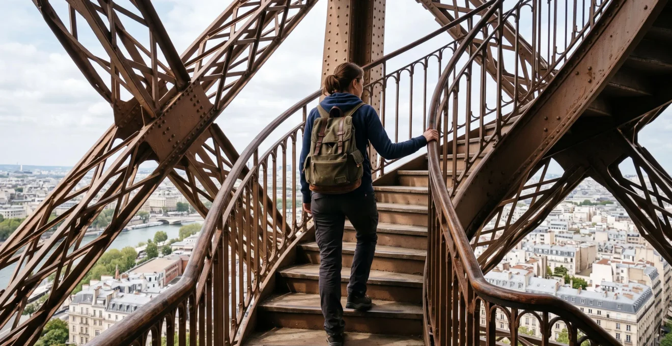 Un visiteur gravit l'escalier en fer de la tour Eiffel à Paris, la main sur la rampe en treillis, entre les poutres métalliques de la structure.