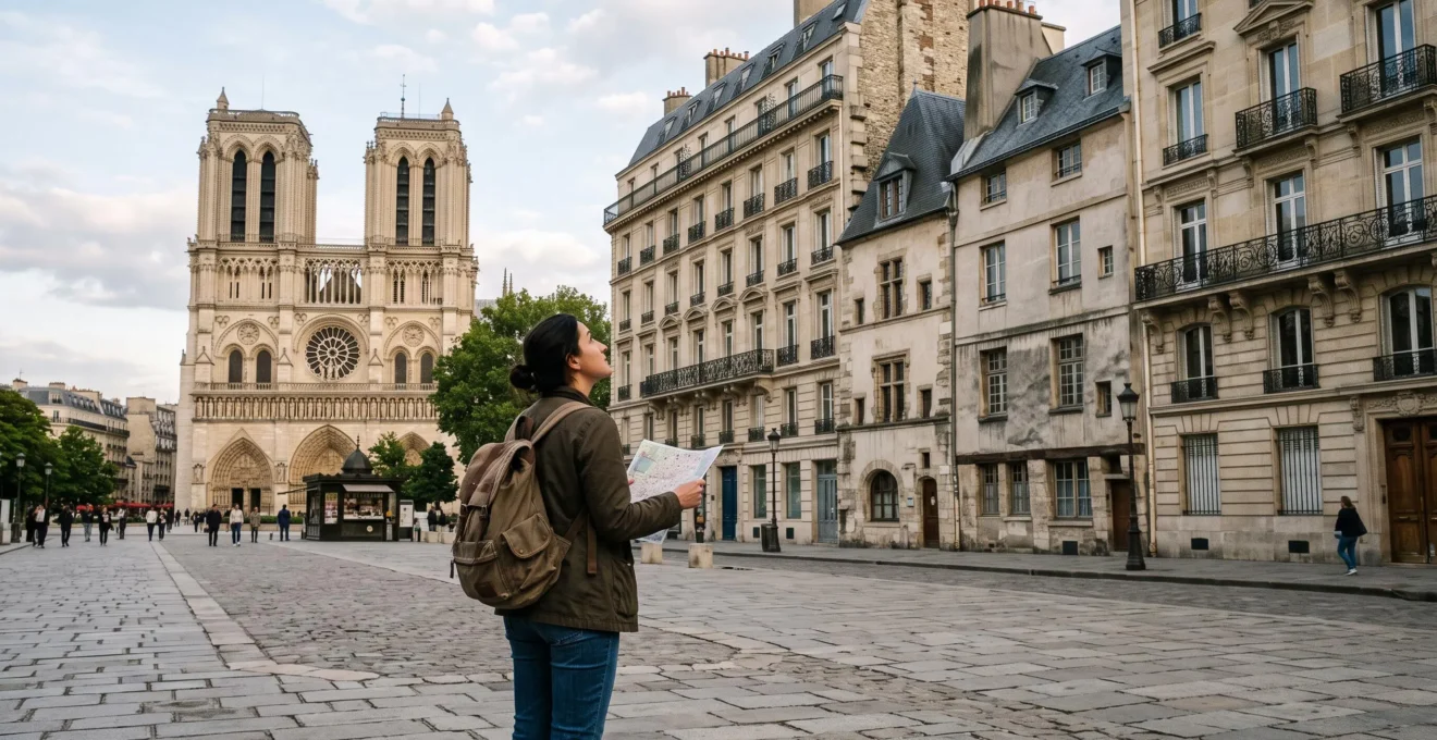 Un visiteur debout sur le parvis de Notre-Dame à Paris observe les façades de pierre environnantes, carte pliée à la main.
