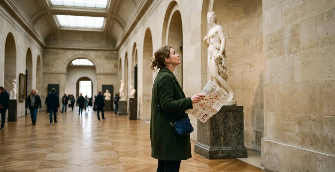 Un visiteur compare un plan du Louvre annoté avec une sculpture dans une galerie de l'aile Richelieu.