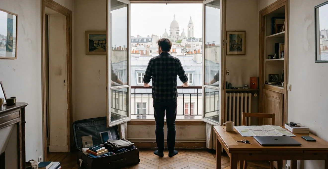 Un voyageur en longue durée se tient devant la fenêtre d'un appartement montmartrois et découvre la vue sur les toits de Paris, sa valise encore ouverte au sol.