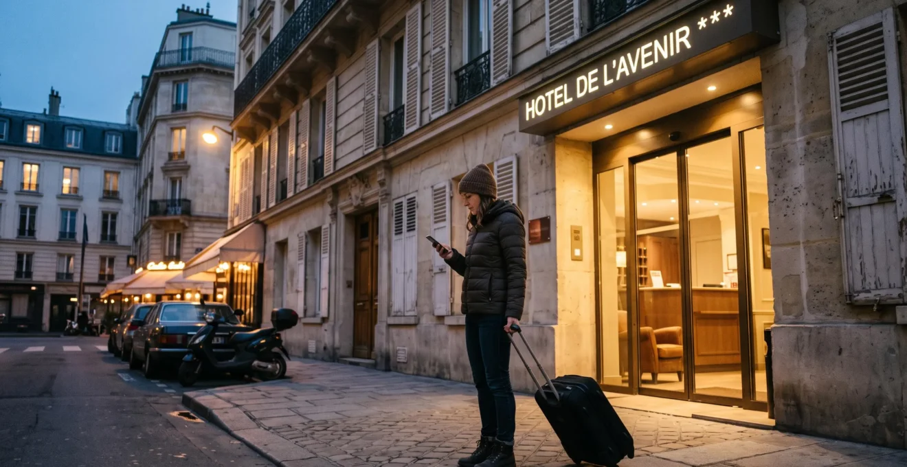 Un voyageur avec une valise compare les tarifs d'hôtels sur son téléphone devant l'entrée d'un hôtel parisien haussmannien en début de soirée.