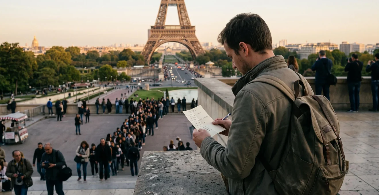 Un voyageur debout à un point de vue sur Paris compare une liste de sites sur le papier avec la tour Eiffel et la file d'attente en contrebas.