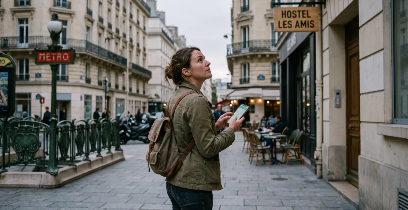 Un voyageur vérifie son itinéraire sur son téléphone devant l'entrée d'une auberge parisienne, à proximité d'une station de métro.